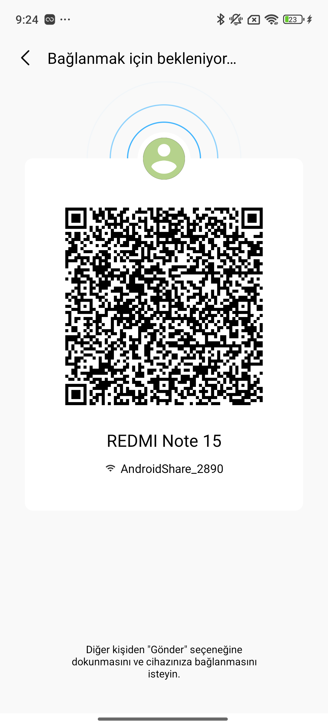 ShareMe Receive mode on Redmi Note 15 (v3.48.03). The victim sees the QR screen; meanwhile the WiFi Direct password is being broadcast in plaintext over BLE.